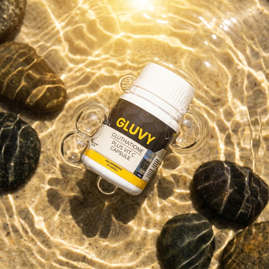 Gluvy Booster skincare product floating in water